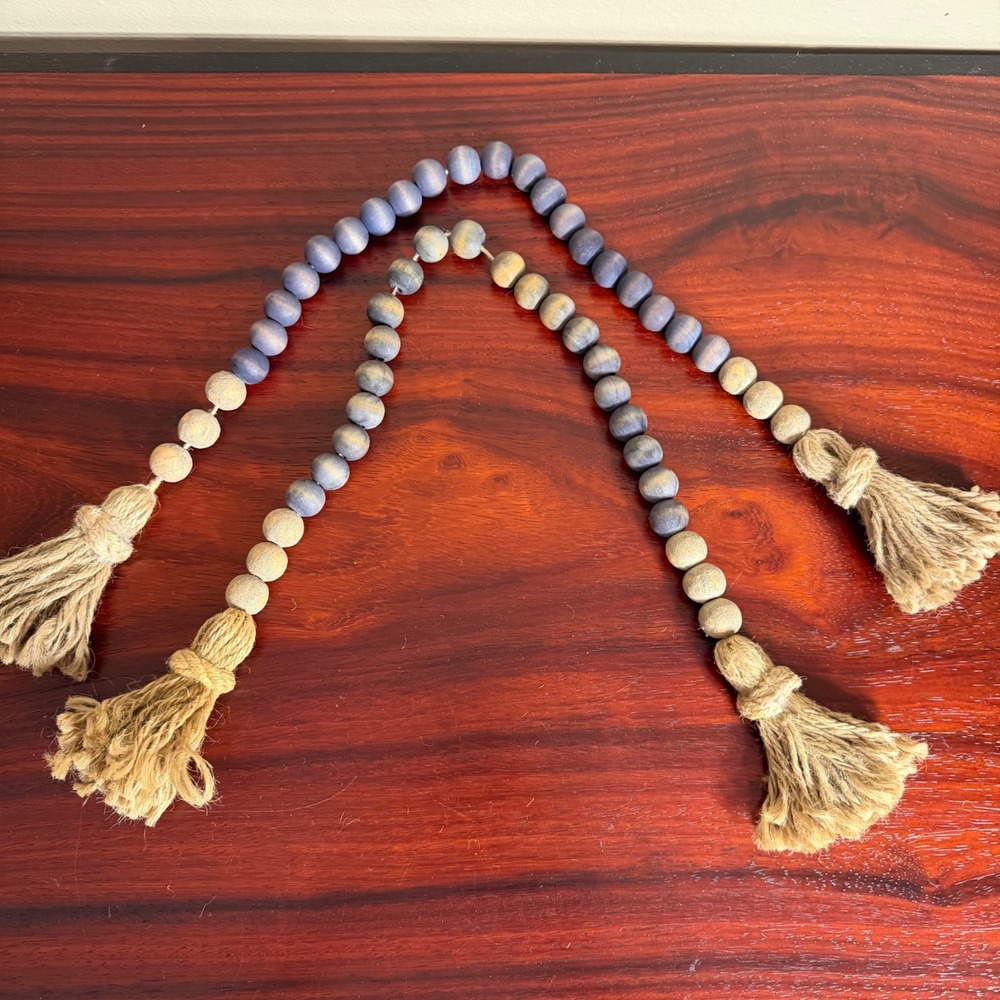 Set of 2 Blue and Natural Wood Bead Garland Farmhouse Decor with Jute Tassels - Picture 2 of 4